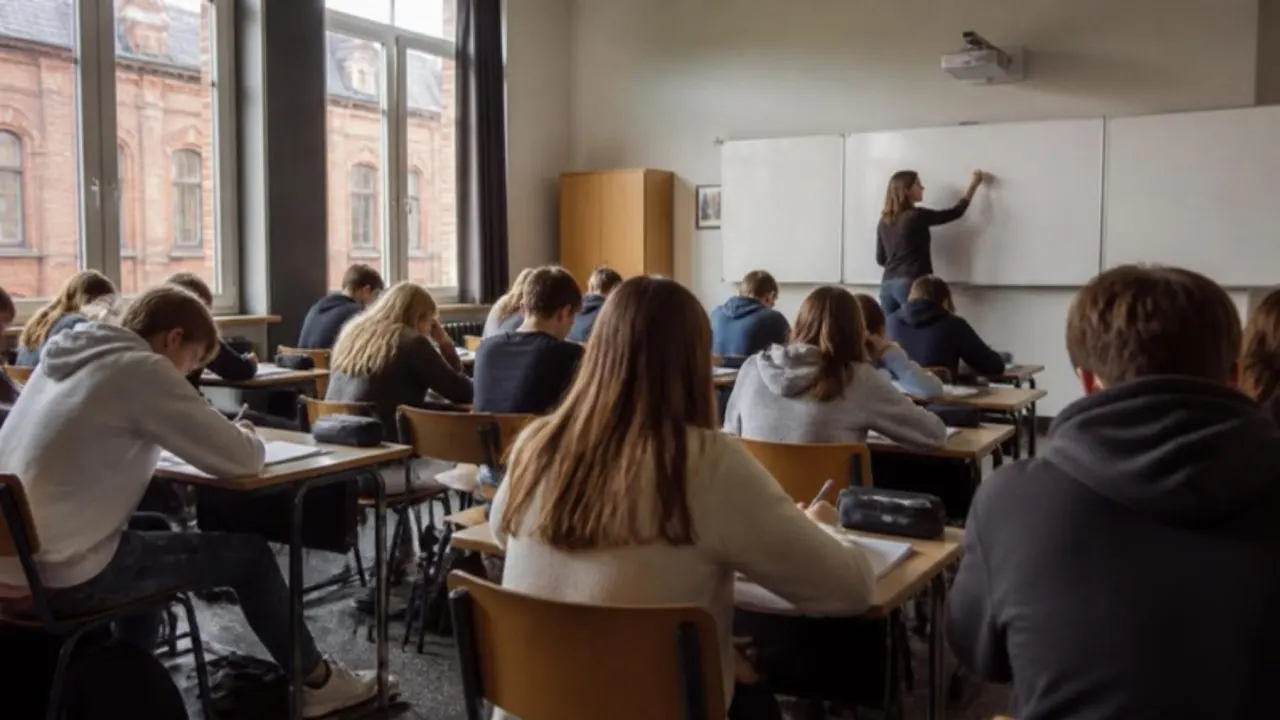 Élèves concentrés en classe, sans smartphone sur les bancs